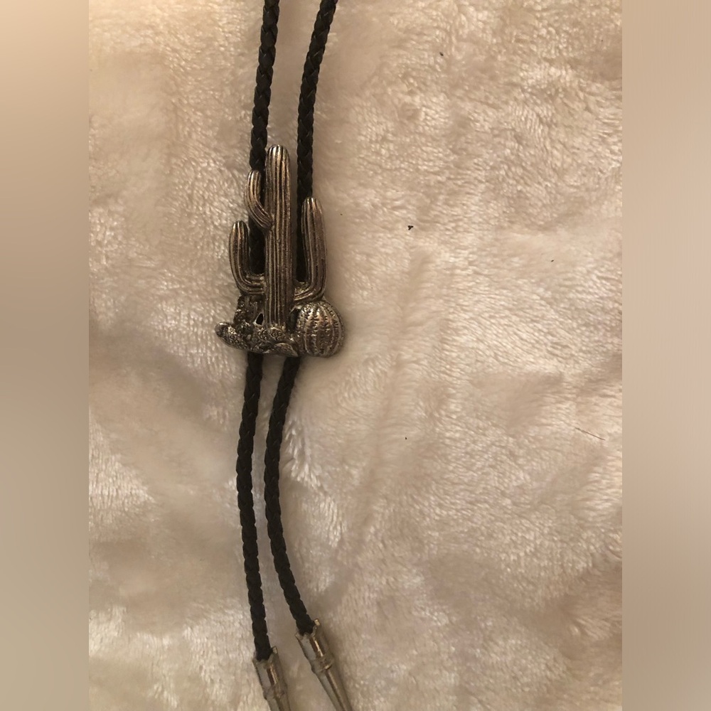 Southwestern Silver Cactus Bolo Tie with Black Braided Cord